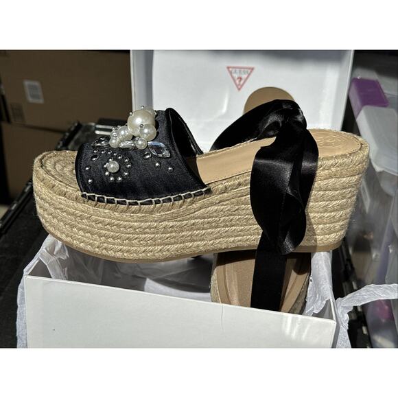 G by Guess Womens Razzle Open Toe Casual Platform Sandals, Black Satin, Size 7 M - Picture 5 of 9